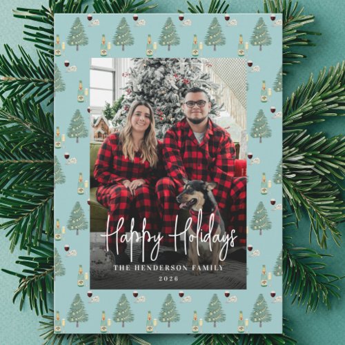 Modern Christmas Family Photo Tree Wine Cheese Holiday Card