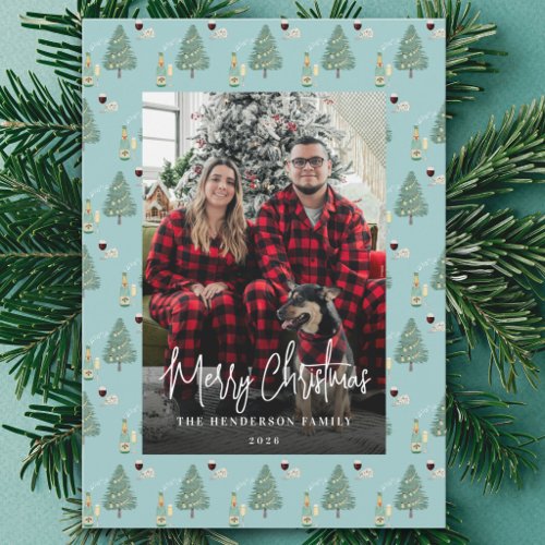 Modern Christmas Family Photo Tree Wine Cheese Holiday Card