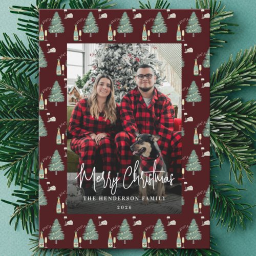 Modern Christmas Family Photo Tree Wine Cheese Holiday Card