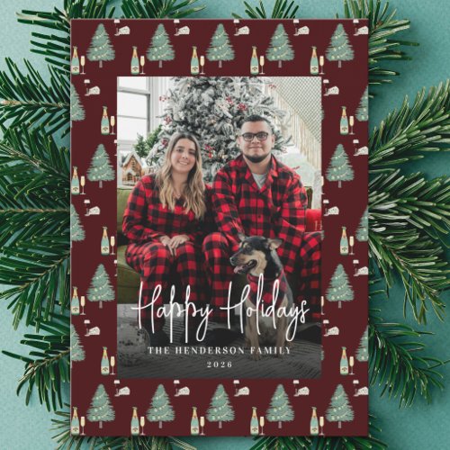Modern Christmas Family Photo Tree Wine Music Holiday Card