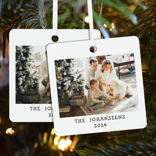 Modern Christmas Family Two Photos Double Sided Metal Ornament (Creator Uploaded)