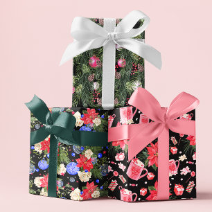 Modern Christmas Festive Floral Patterns Wrapping Paper Sheets