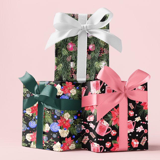 Modern Christmas Festive Floral Patterns Wrapping Paper Sheets (Creator Uploaded)