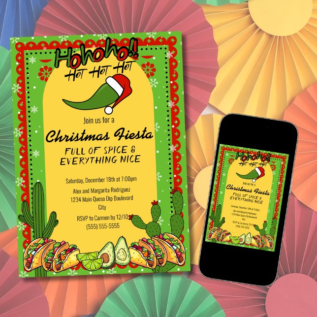 Modern Christmas Fiesta Hot Jalapeño Santa Hat Invitation (Creator Uploaded)