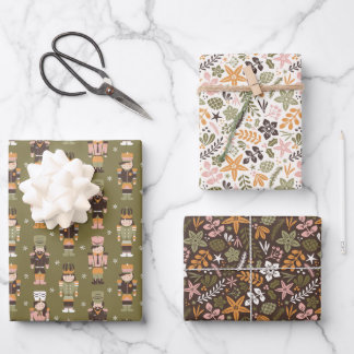 Modern Christmas floral and nutcrackers Wrapping Paper Sheets