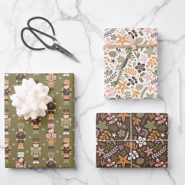 Modern Christmas floral and nutcrackers Wrapping Paper Sheets (Front)