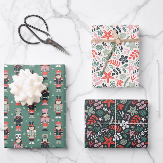 Modern Christmas floral and nutcrackers Wrapping Paper Sheets (Front)
