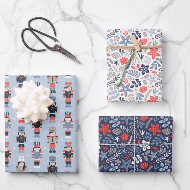 Modern Christmas floral and nutcrackers Wrapping Paper Sheets (Front)