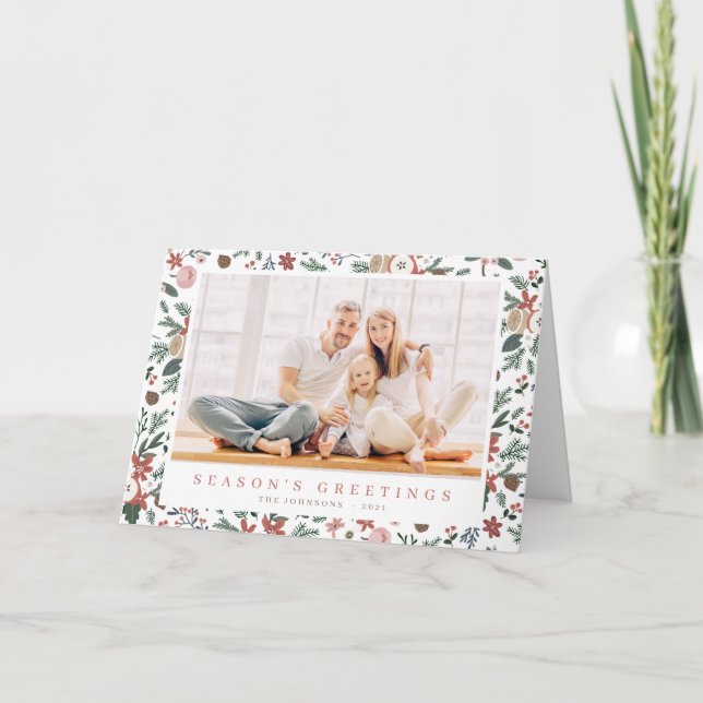 Modern Christmas Floral Foliage Botanical Pattern Holiday Card (Front)