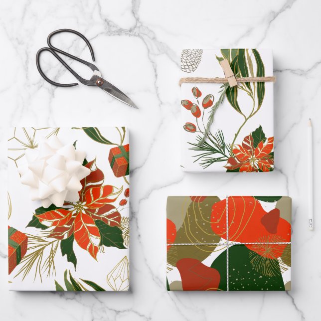 Modern Christmas Florals Greenery Wrapping Paper Sheets (Front)
