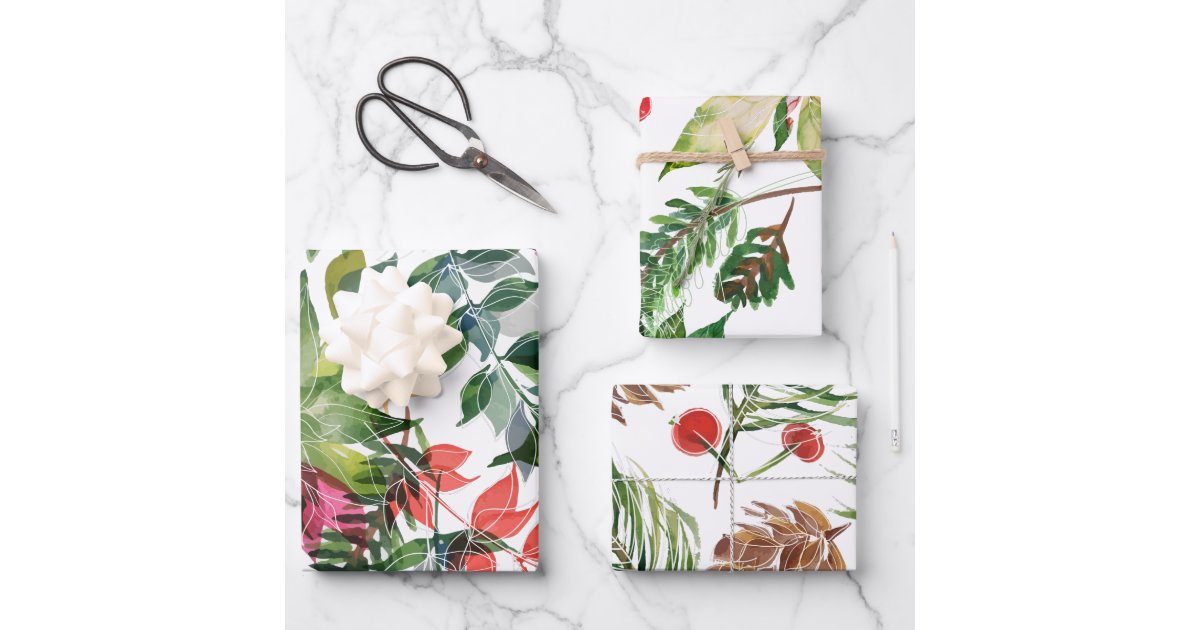 Modern Christmas Florals Greenery Wrapping Paper Sheets | Zazzle