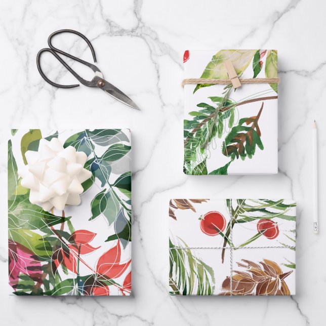 Modern Christmas Florals Greenery Wrapping Paper Sheets (Front)