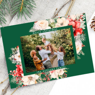 Modern Christmas Flowers Greeting Photo  Holiday Card