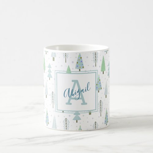 Modern Christmas Forest Trees Blue Green Monogram Coffee Mug