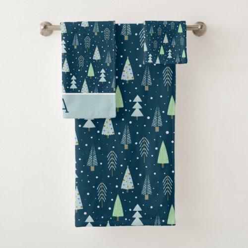 Modern Christmas Forest Trees Monogram Blue Green Bath Towel Set