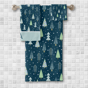 Modern Christmas Forest Trees Monogram Blue Green Bath Towel Set