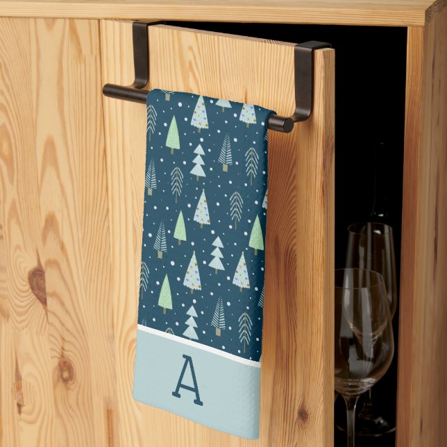 Modern Christmas Forest Trees Monogram Blue Green Kitchen Towel (Thirds Fold)
