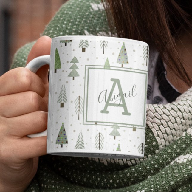 Modern Christmas Forest Trees Sage Green Monogram Coffee Mug (Creator Uploaded)