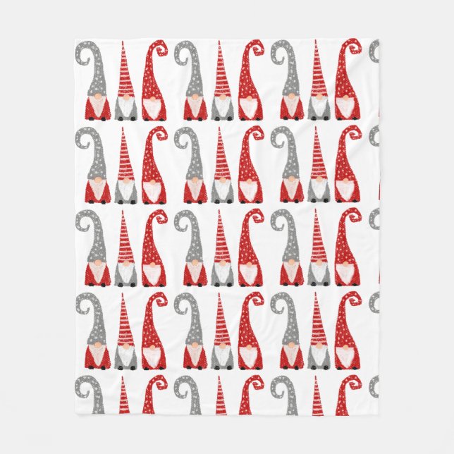 Modern Christmas Gnomes Dwarves Red Gray Pattern Fleece Blanket (Front)