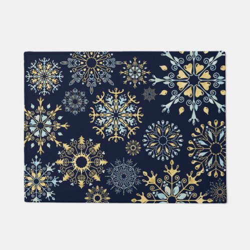 Modern Christmas Gold Blue watercolor Snowflake Doormat