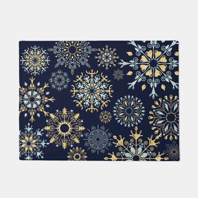 Modern Christmas Gold Blue watercolor Snowflake Doormat (Front)
