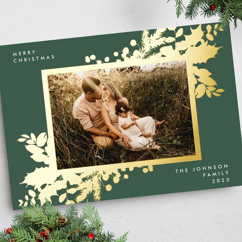 Modern Christmas Gold Botanical Photo Frame Foil Holiday Card