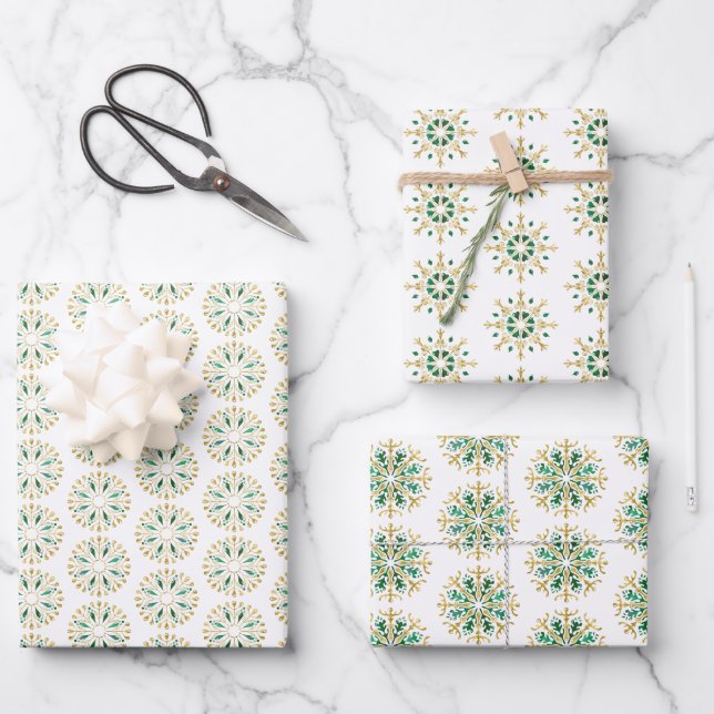 Modern Christmas Gold Green Snowflake Wrapping Pap Paper Sheets (Front)