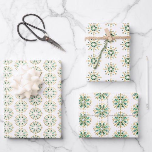 Modern Christmas Gold Green Snowflake Wrapping Pap Wrapping Paper Sheets