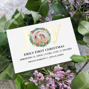 Modern Christmas Gold Joy Wreath Baby Announcement