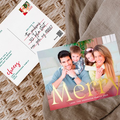 Modern Christmas Gold Merry Photo Foil Holiday Postcard
