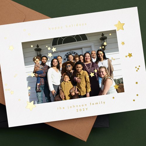 Modern Christmas Gold Pressed Stars Photo Happy Foil Holiday Card