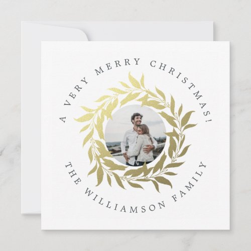 Modern Christmas Gold Wreath Photo Holiday Card