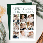 Modern Christmas Green 9 Photo Collage Holiday Card<br><div class="desc">Modern Christmas photo card featuring "Merry Christmas" displayed at the top of the design in trendy green lettering with a white background. A photo collage of 9 photos is shown below in a grid-style layout. Personalize the multi-photo Christmas card with your family name. The card reverses to display a green...</div>