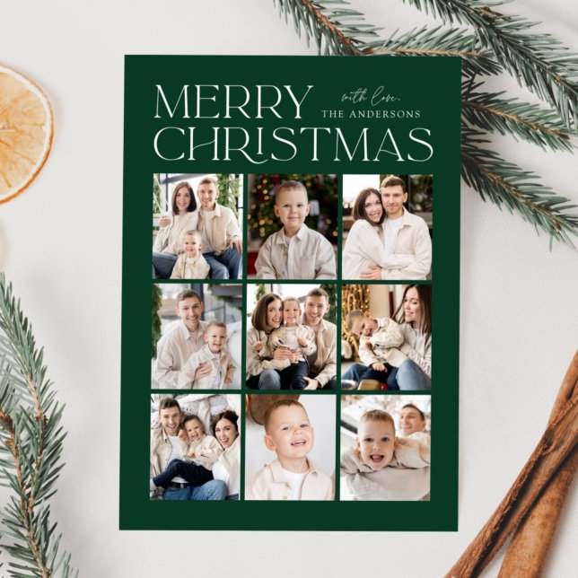 Modern Christmas Green 9 Photo Collage Holiday Card (Creator Uploaded)