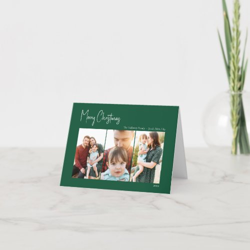 Modern Christmas  Green Folded Three_Photo Holiday Card