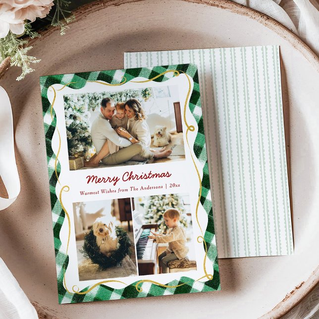 Modern Christmas Green Gingham Pattern 3 Photo Holiday Card (Creator Uploaded)