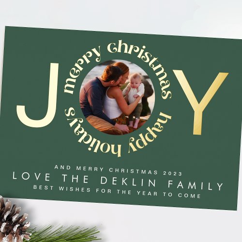 Modern Christmas Green GOLD JOY Wreath Photo Foil Holiday Card