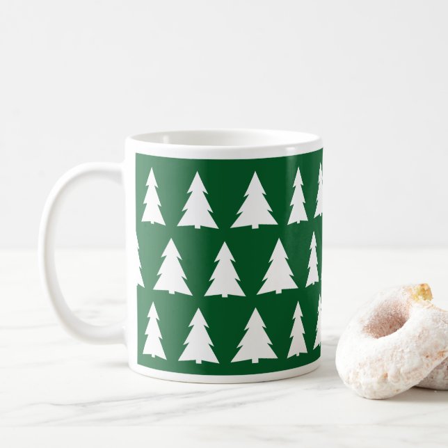 Modern Christmas Green White Tree Pattern Coffee Mug (With Donut)