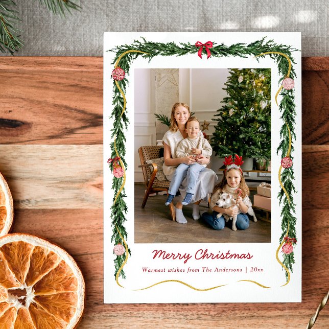 Modern Christmas Greenery and Bows 1 Photo Holiday Card (Creator Uploaded)