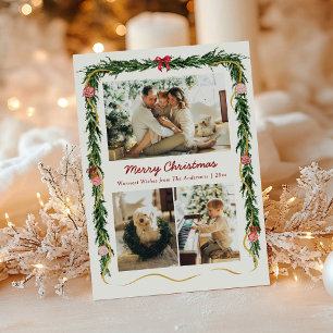 Modern Christmas Greenery and Bows 3 Photo Holiday Card