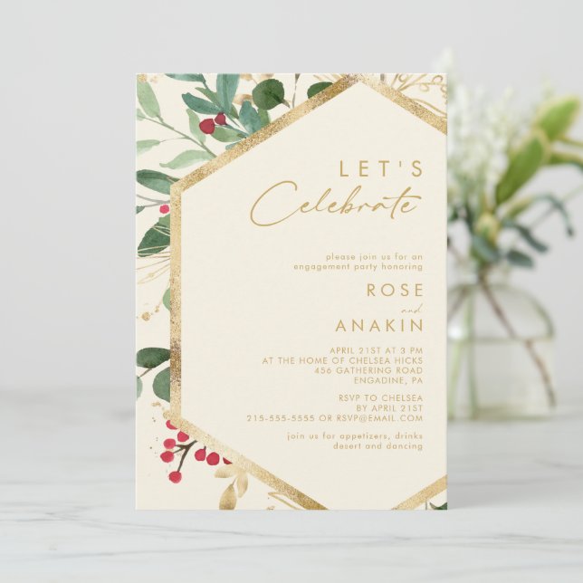 Modern Christmas Greenery | Cream Let's Celebrate Invitation (Standing Front)
