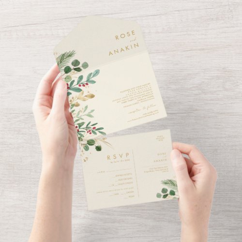 Modern Christmas Greenery  Cream Seal And Send All In One Invitation