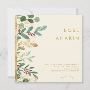 Modern Christmas Greenery Cream Square Wedding Invitation