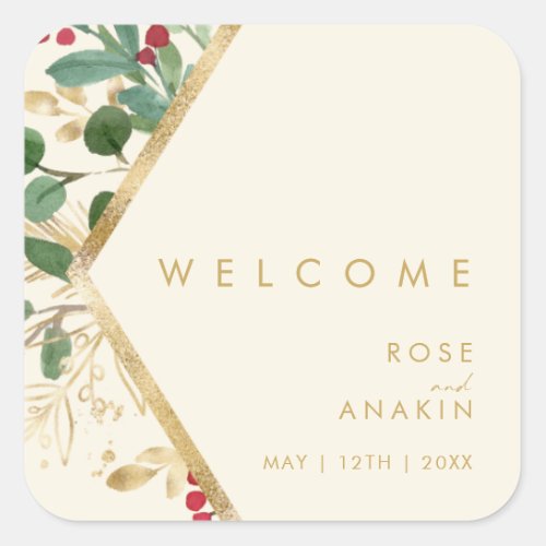 Modern Christmas Greenery  Cream Wedding Welcome Square Sticker