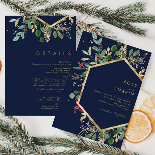 Modern Christmas Greenery  Navy All In One Invitation