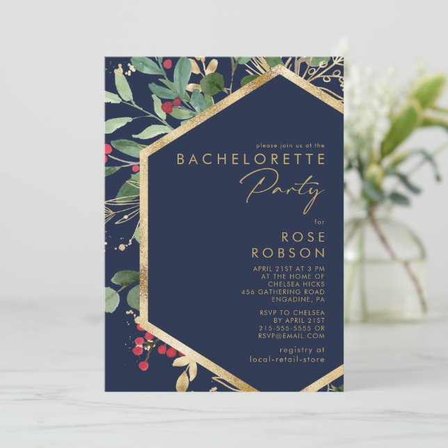 Modern Christmas Greenery Navy Bachelorette Party Invitation (Standing Front)