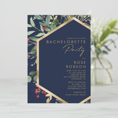 Modern Christmas Greenery Navy Bachelorette Party Invitation