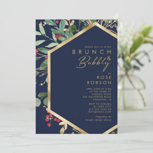 Modern Christmas Greenery Navy Brunch and Bubbly Invitation