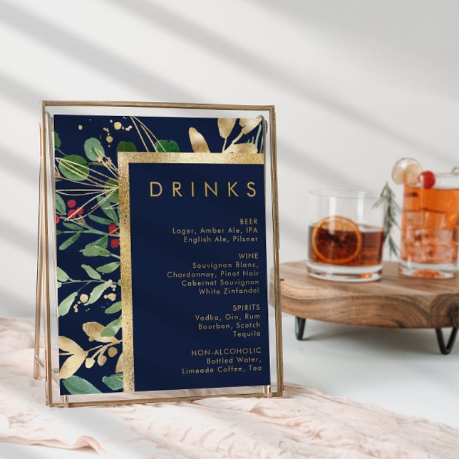 Modern Christmas Greenery | Navy Drinks Menu Poster (Creator Uploaded)