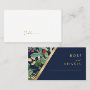 Modern Christmas Greenery   Navy Flat Wedding Place Card